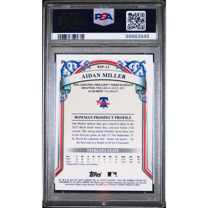 Graded 2024 Bowman Sterling Aidan Miller baseball trading card in PSA holder