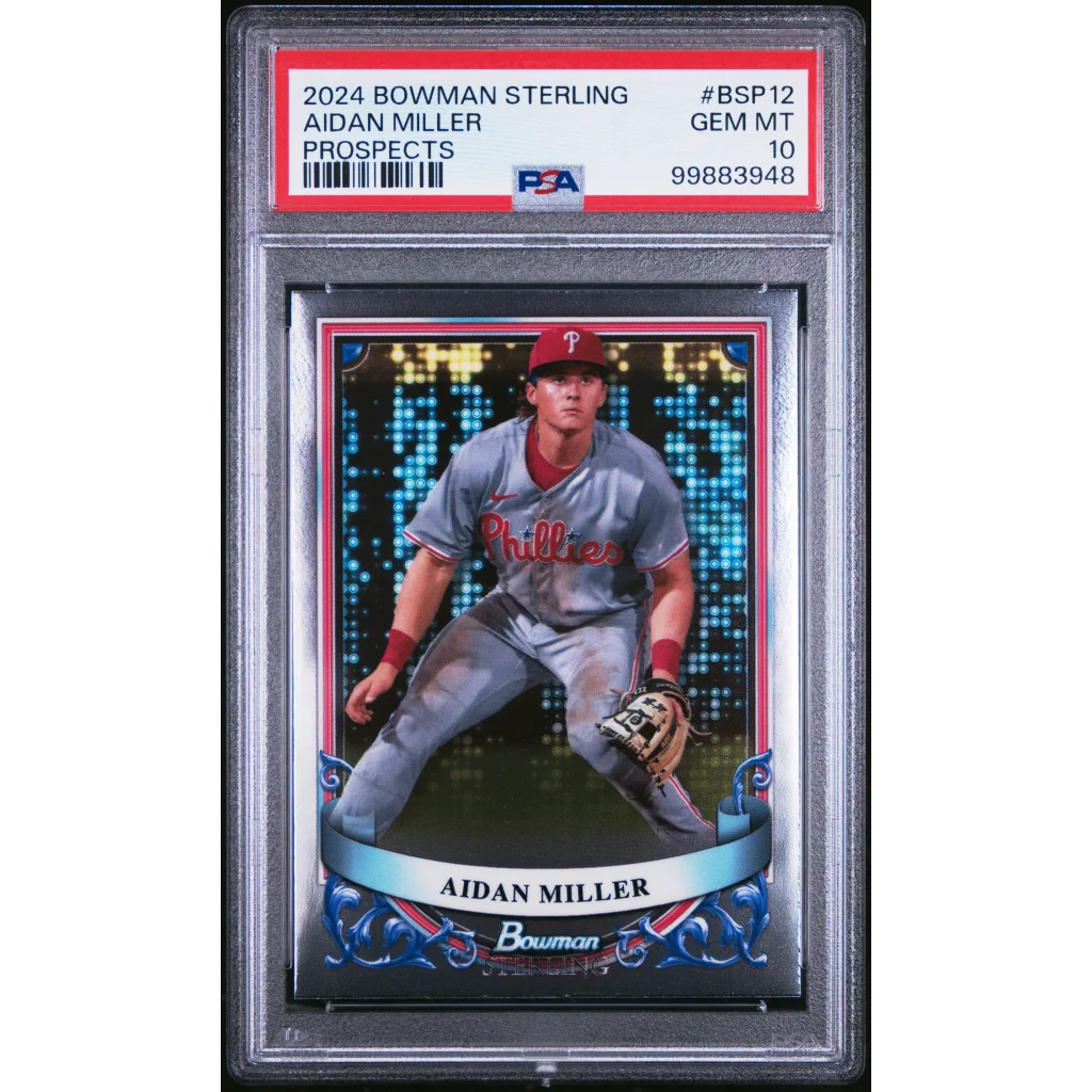 PSA graded 2024 Bowman Sterling Aidan Miller Prospects baseball card on display
