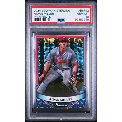 PSA graded 2024 Bowman Sterling Aidan Miller Prospects baseball card on display