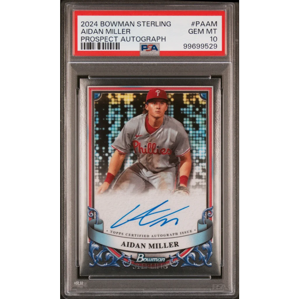 PSA graded 2024 Bowman Sterling Aidan Miller baseball card with prospect autograph