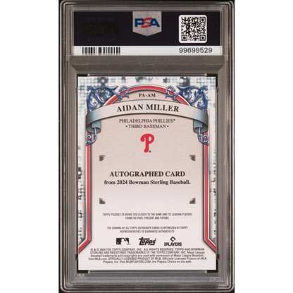 PSA graded Aidan Miller 2024 Bowman Sterling baseball card with autograph