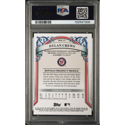 PSA Graded Dylan Crews 2024 Bowman Sterling Prospect Card baseball card image