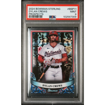 PSA graded Dylan Crews 2024 Bowman Sterling baseball prospect card on display