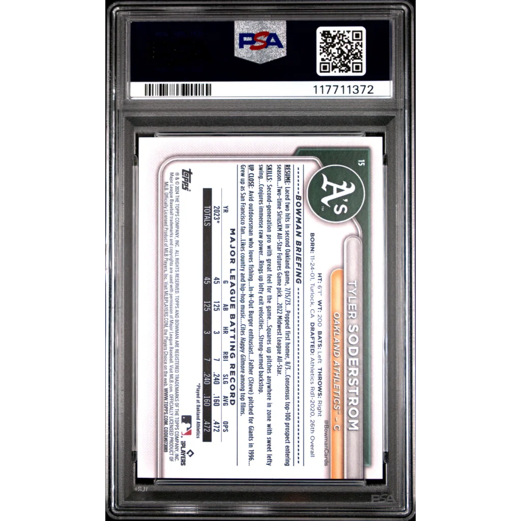 Graded 2024 Topps Bowman Tyler Soderstrom #15 Rookie RC Baseball Card PSA 10 Gem Mint | PSA 10 Gem Mint Graded Rookie Card | vintageantiquesgifts.com