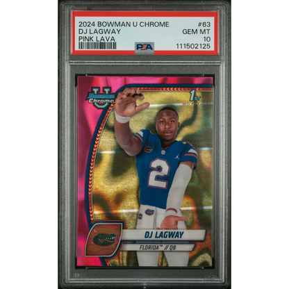 Graded 2024 Topps Bowman U Chrome DJ Lagway #63 Pink Lava Rookie RC Football Card PSA 10 Gem Mint | Hall of Fame Sports Memorabilia | vintageantiquesgifts.com