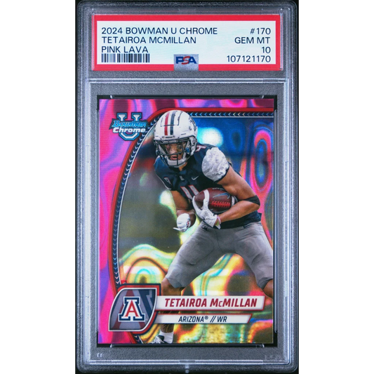 Graded 2024 Topps Bowman U Chrome Tetairoa McMillan #170 Pink Lava Rookie RC Football Card PSA 10 Gem Mint | Hall of Fame Sports Memorabilia | vintageantiquesgifts.com