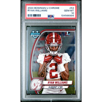 Graded 2024 Topps Bowman U Chrome University Ryan Williams #53 Rookie RC Football Card PSA 10 Gem Mint | Hall of Fame Sports Memorabilia | vintageantiquesgifts.com
