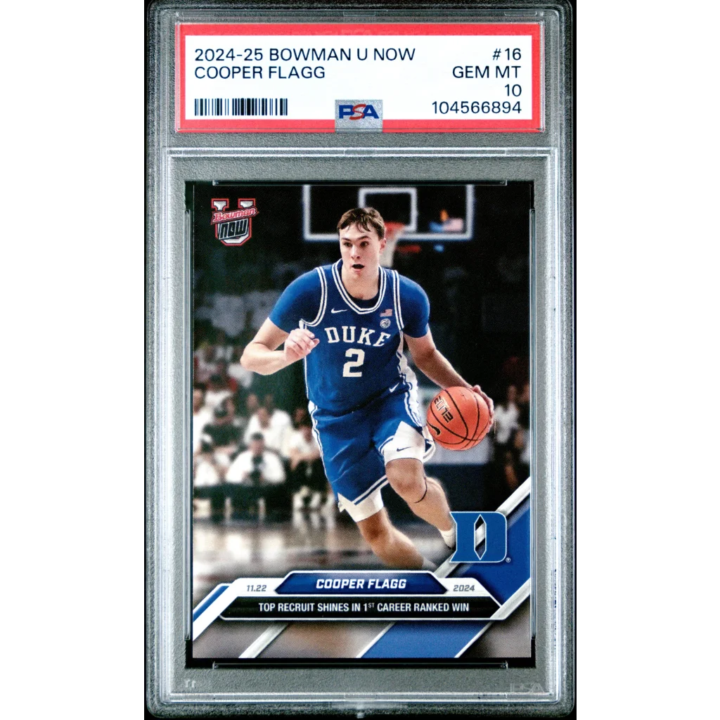 Graded 2024 Topps Bowman U Now Cooper Flagg #16 Top Recruit Shines in 1st Career Ranked Win Rookie RC Basketball Card PSA 10 Gem Mint | Hall of Fame Sports Memorabilia | vintageantiquesgifts.com