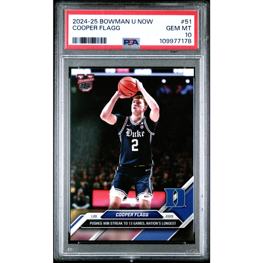 Graded 2024 Topps Bowman U Now Cooper Flagg #51 Pushes Win Streak to 13 Games, Nations Longest Rookie RC Basketball Card PSA 10 Gem Mint | Hall of Fame Sports Memorabilia | vintageantiquesgifts.com