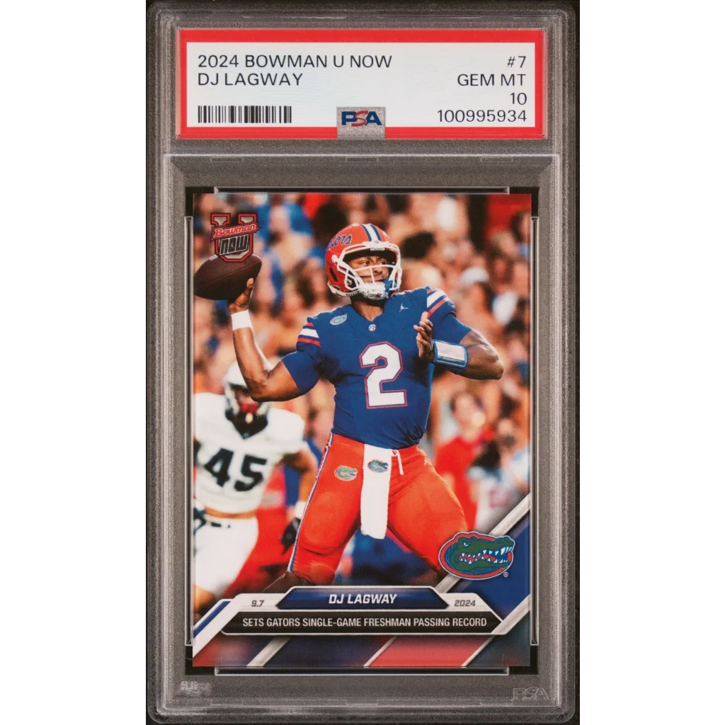 PSA graded 2024 Bowman DJ Lagway Florida Gators football card on display