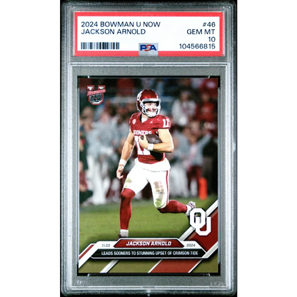 PSA Graded 2024 Bowman U Now Jackson Arnold football card on display