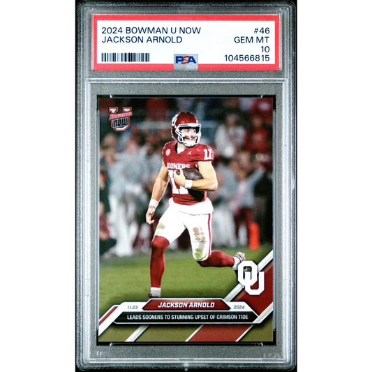 PSA Graded 2024 Bowman U Now Jackson Arnold football card on display