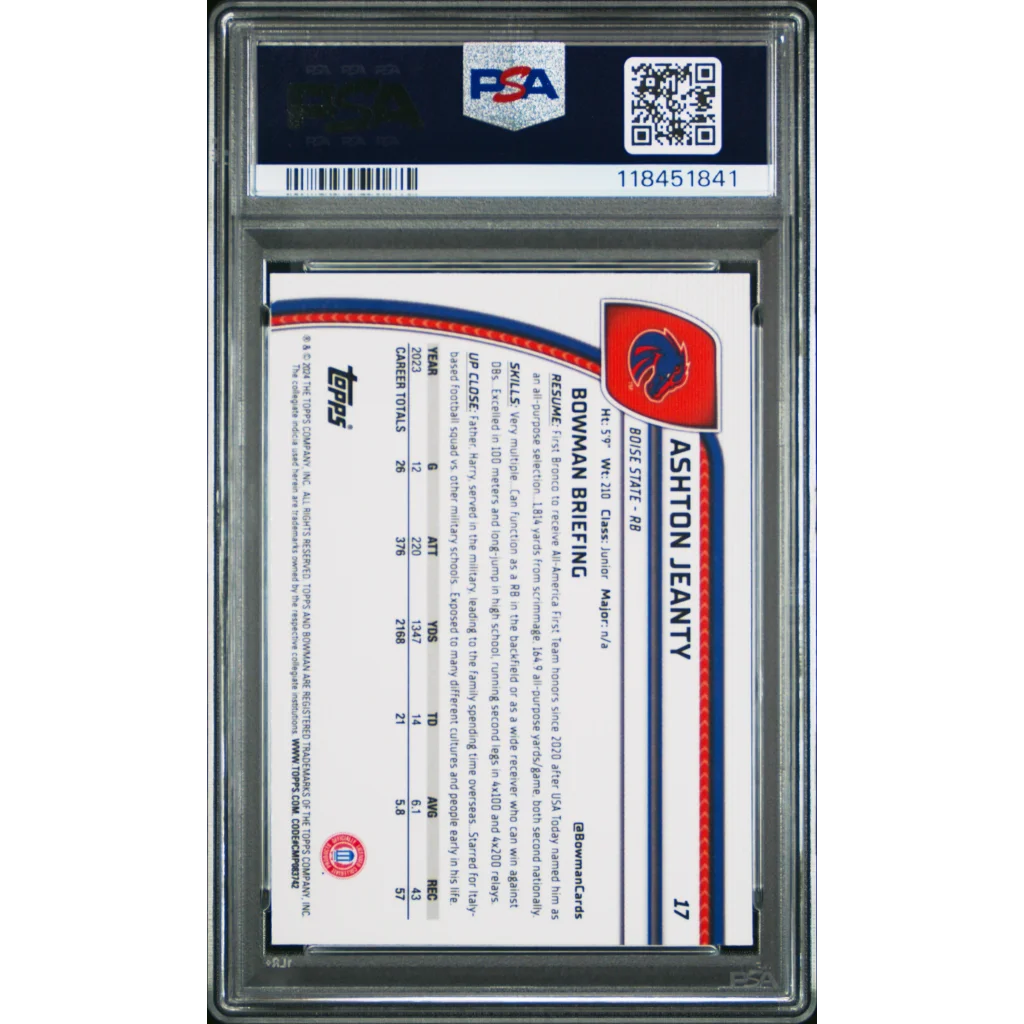 Graded 2024 Topps Bowman U Sapphire Ashton Jeanty #17 Rookie RC Football Card PSA 10 Gem Mint | PSA 10 Gem Mint Graded Rookie Card | vintageantiquesgifts.com