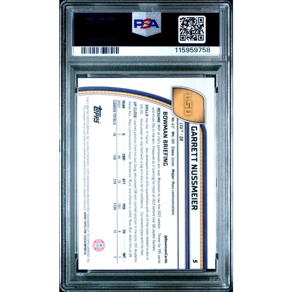Graded 2024 Topps Bowman U Sapphire Garrett Nussmeier #5 Rookie RC Football Card PSA 10 Gem Mint | PSA 10 Gem Mint Graded Rookie Card | vintageantiquesgifts.com