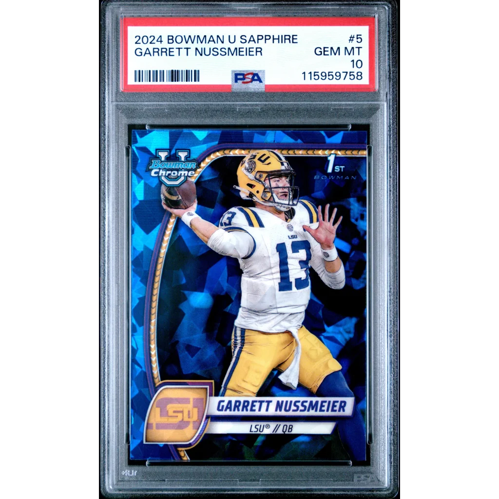 Graded 2024 Topps Bowman U Sapphire Garrett Nussmeier #5 Rookie RC Football Card PSA 10 Gem Mint | Hall of Fame Sports Memorabilia | vintageantiquesgifts.com