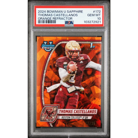 Graded 2024 Topps Bowman U Sapphire Thomas Castellanos #172 Orange Refractor /25 Rookie RC Football Card PSA 10 Gem Mint | Hall of Fame Sports Memorabilia | vintageantiquesgifts.com