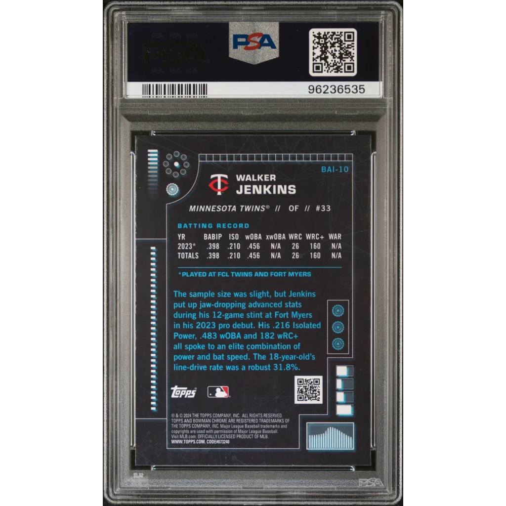 Graded 2024 Topps Bowman Walker Jenkins #BAI10 AI Rookie RC Baseball Card PSA 10 Gem Mint | PSA 10 Gem Mint Graded Rookie Card | vintageantiquesgifts.com