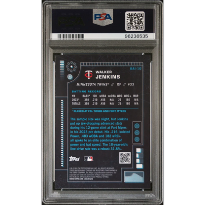 Graded 2024 Topps Bowman Walker Jenkins #BAI10 AI Rookie RC Baseball Card PSA 10 Gem Mint | PSA 10 Gem Mint Graded Rookie Card | vintageantiquesgifts.com
