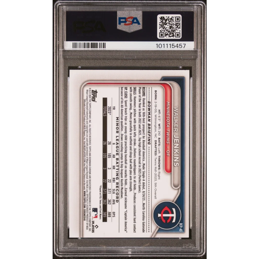 Graded 2024 Topps Bowman Walker Jenkins #BCP43 Chrome Prospects Lunar Glow Refractor Rookie RC Baseball Card PSA 10 Gem Mint | PSA 10 Gem Mint Graded Rookie Card | vintageantiquesgifts.com