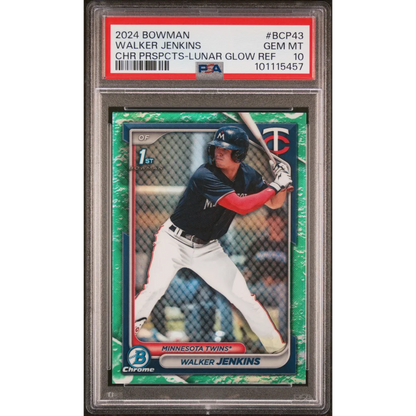 Graded 2024 Topps Bowman Walker Jenkins #BCP43 Chrome Prospects Lunar Glow Refractor Rookie RC Baseball Card PSA 10 Gem Mint | Hall of Fame Sports Memorabilia | vintageantiquesgifts.com