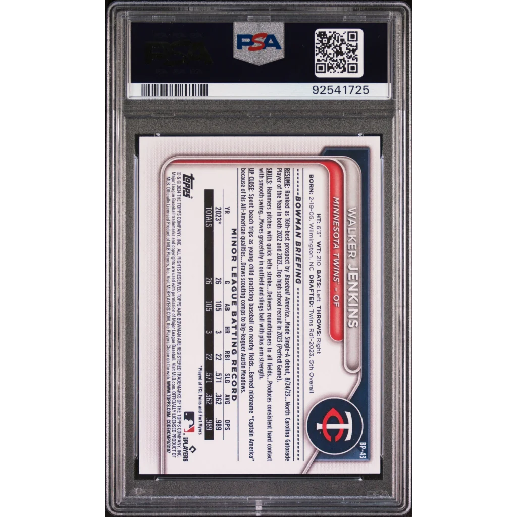 Graded 2024 Topps Bowman Walker Jenkins #BP43 Paper Prospects Rookie RC Baseball Card PSA 10 Gem Mint | PSA 10 Gem Mint Graded Rookie Card | vintageantiquesgifts.com