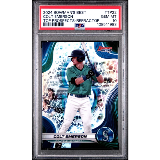 PSA graded 2024 Bowman’s Best Colt Emerson baseball card on display