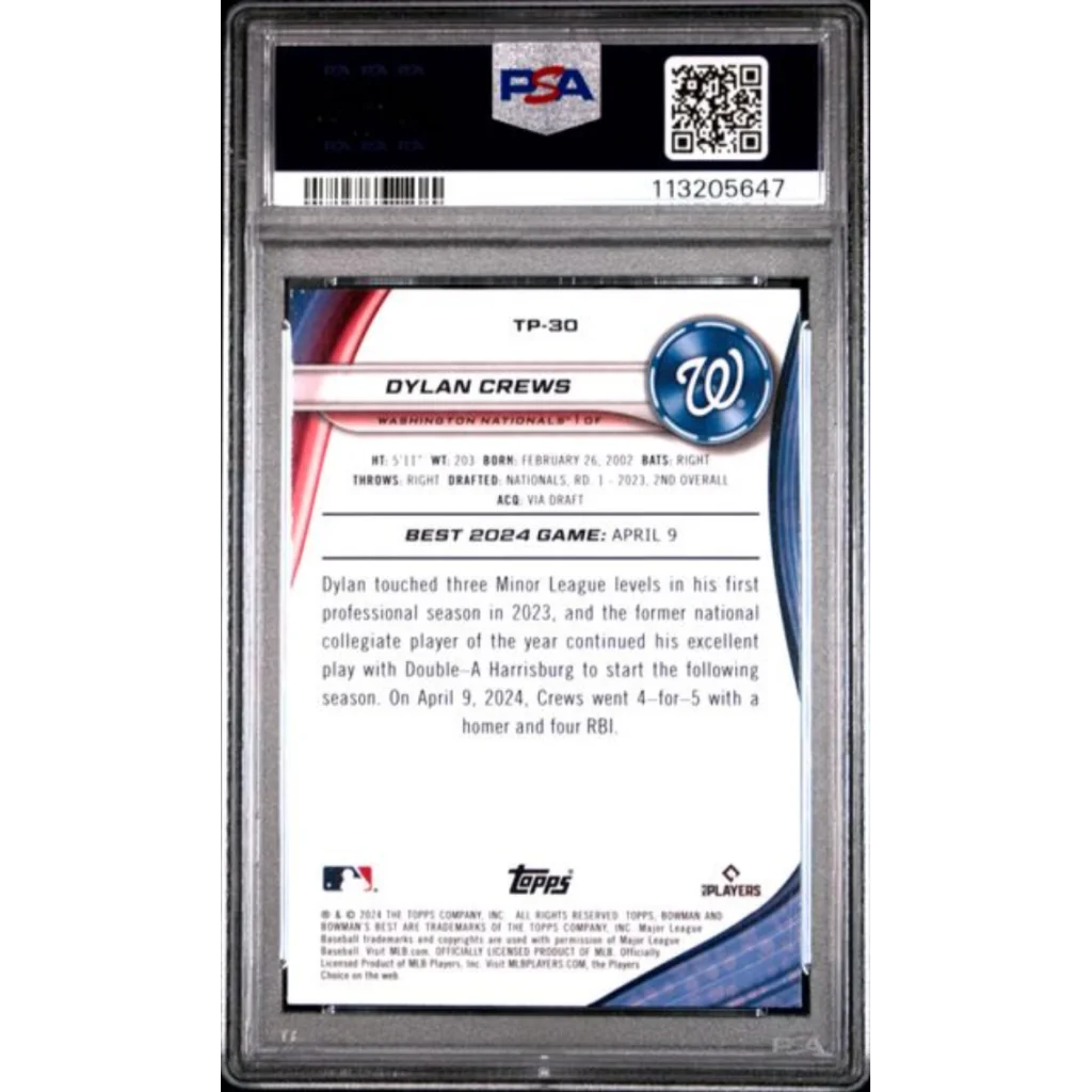 Graded 2024 Topps Bowmans Best Dylan Crews #TP30 Top Prospects Purple Mojo /250 Rookie RC Baseball Card PSA 10 Gem Mint | PSA 10 Gem Mint Graded Rookie Card | vintageantiquesgifts.com
