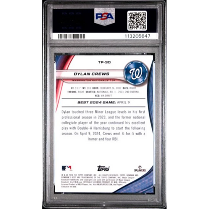 Graded 2024 Topps Bowmans Best Dylan Crews #TP30 Top Prospects Purple Mojo /250 Rookie RC Baseball Card PSA 10 Gem Mint | PSA 10 Gem Mint Graded Rookie Card | vintageantiquesgifts.com