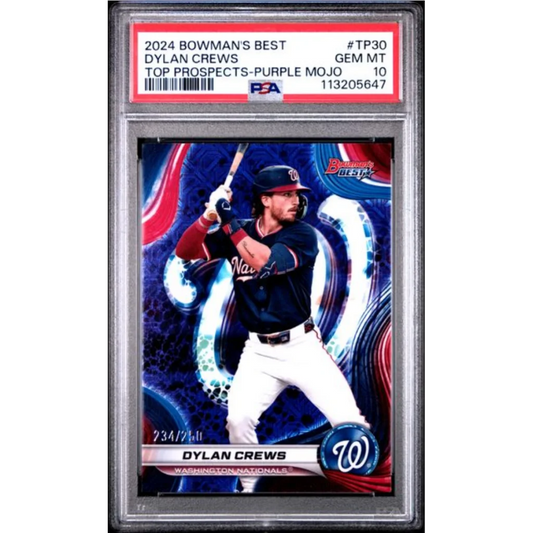 Graded 2024 Topps Bowmans Best Dylan Crews #TP30 Top Prospects Purple Mojo /250 Rookie RC Baseball Card PSA 10 Gem Mint | Hall of Fame Sports Memorabilia | vintageantiquesgifts.com