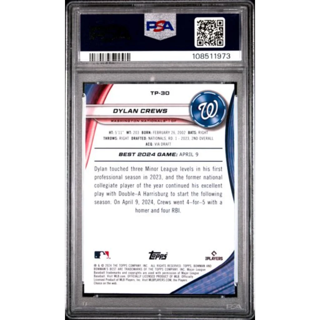 Graded 2024 Topps Bowmans Best Dylan Crews #TP30 Top Prospects Rookie RC Baseball Card PSA 10 Gem Mint | PSA 10 Gem Mint Graded Rookie Card | vintageantiquesgifts.com
