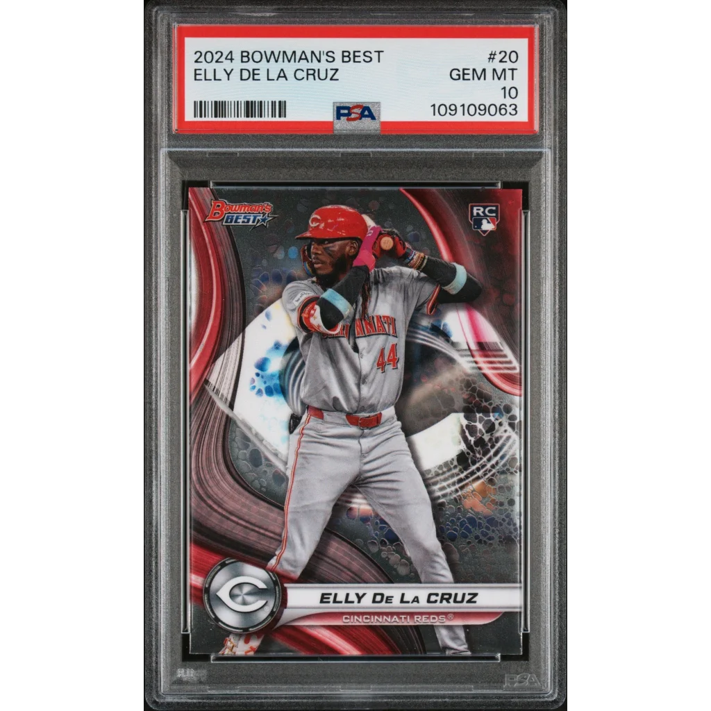 PSA graded 2024 Bowmans Best Elly De La Cruz baseball card on display