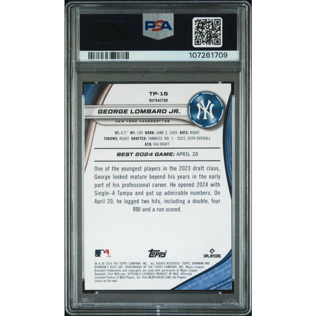 Graded 2024 Topps Bowmans Best George Lombard Jr #TP15 Top Prospects Refractor Rookie RC Baseball Card PSA 10 Gem Mint | PSA 10 Gem Mint Graded Rookie Card | vintageantiquesgifts.com