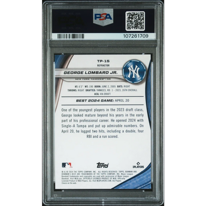 Graded 2024 Topps Bowmans Best George Lombard Jr #TP15 Top Prospects Refractor Rookie RC Baseball Card PSA 10 Gem Mint | PSA 10 Gem Mint Graded Rookie Card | vintageantiquesgifts.com