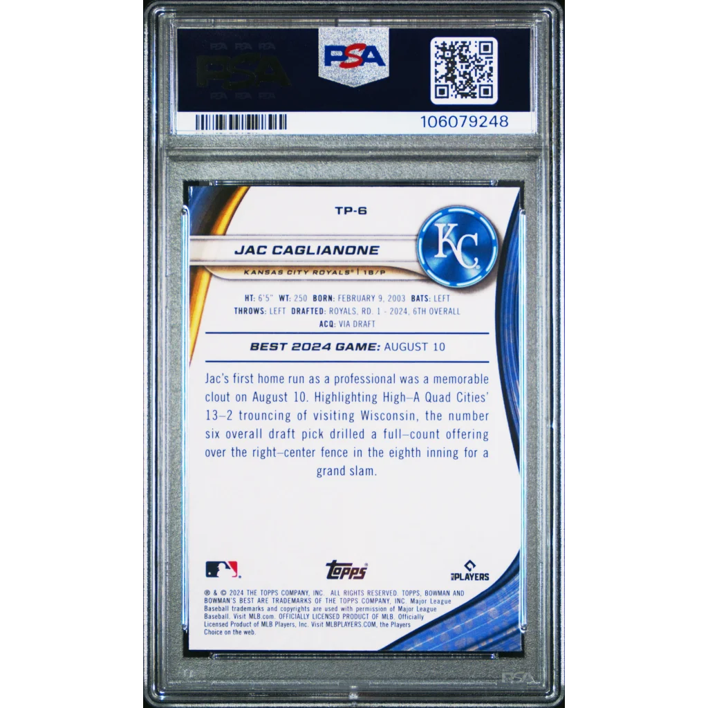 Graded 2024 Topps Bowmans Best Jac Caglianone #TP6 Top Prospects Rookie RC Baseball Card PSA 10 Gem Mint | PSA 10 Gem Mint Graded Rookie Card | vintageantiquesgifts.com