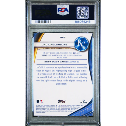 Graded 2024 Topps Bowmans Best Jac Caglianone #TP6 Top Prospects Rookie RC Baseball Card PSA 10 Gem Mint | PSA 10 Gem Mint Graded Rookie Card | vintageantiquesgifts.com