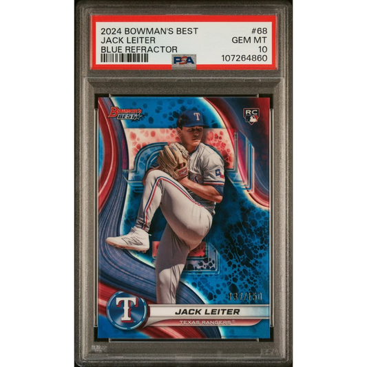 2024 Bowman Jack Leiter Blue Refractor baseball card PSA GEM MT 10 by professional sports authenticator