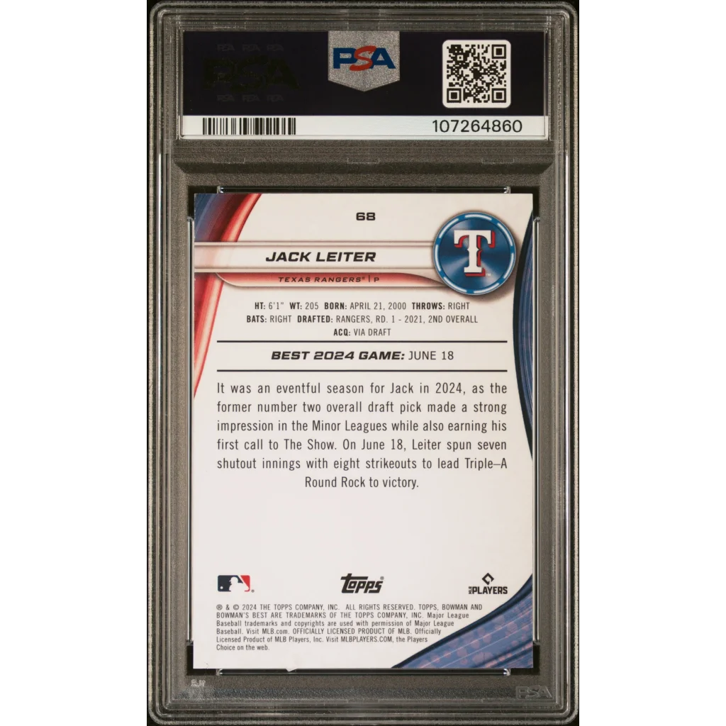 Graded Jack Leiter Blue Refractor baseball card by PSA GEM MT 10, professional sports authenticator