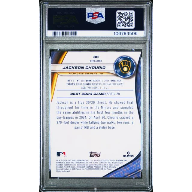 Graded PSA 10 2024 Topps Bowman Best Jackson Chourio #38 Refractor Rookie Card