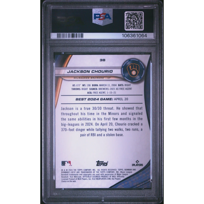 Graded 2024 Topps Bowmans Best Jackson Chourio #38 Rookie RC Baseball Card PSA 10 Gem Mint | PSA 10 Gem Mint Graded Rookie Card | vintageantiquesgifts.com