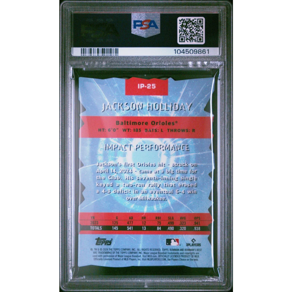 Graded Jackson Holliday 2024 Bowmans Best Impact Players Baseball Card in display