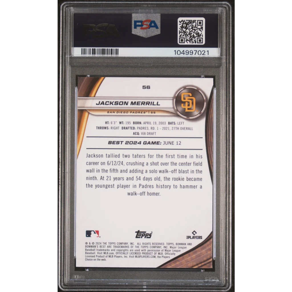 Graded 2024 Topps Bowmans Best Jackson Merrill #56 Rookie RC Baseball Card PSA 10 Gem Mint | PSA 10 Gem Mint Graded Rookie Card | vintageantiquesgifts.com