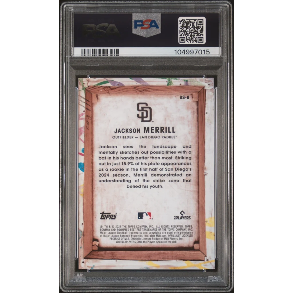 PSA graded Jackson Merrill 2024 Bowmans Best baseball card with gold red accents and stats