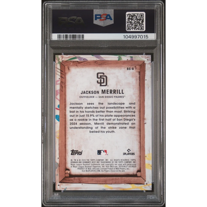 PSA graded Jackson Merrill 2024 Bowmans Best baseball card with gold red accents and stats