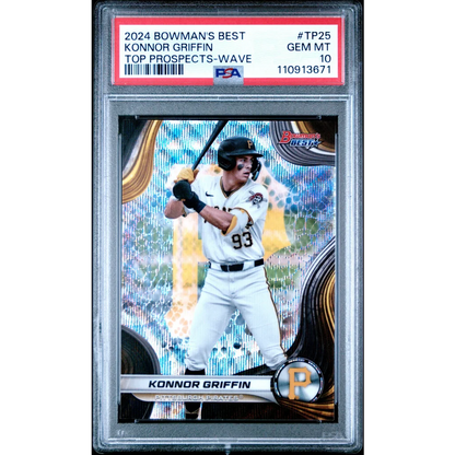 Graded 2024 topps bowmans best konnor griffin top prospects rookie card psa 10 gem mint with white gold uniform and black helmet