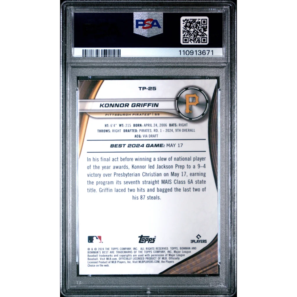 Silver and black psa graded 2024 topps bowmans best knonnor griffin rookie baseball card with gold accents