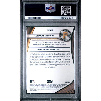 Silver and black psa graded 2024 topps bowmans best knonnor griffin rookie baseball card with gold accents