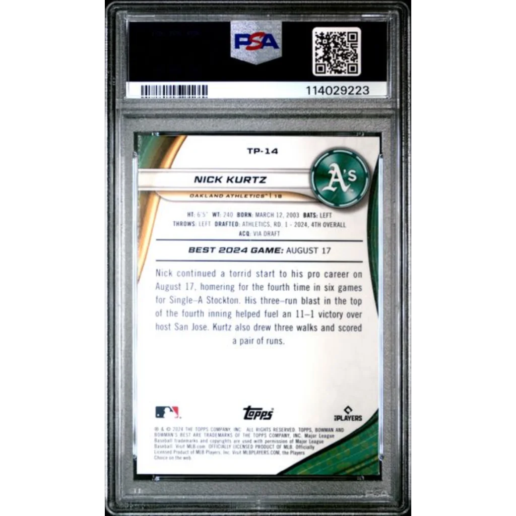 Back of PSA 10 Graded 2024 Topps Bowman Best Nick Kurtz Aqua Lava Rookie Card