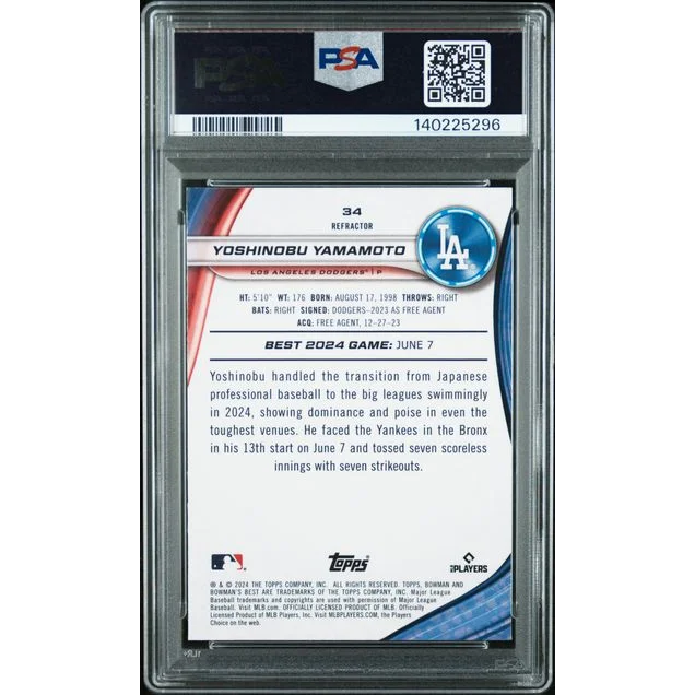 Graded PSA 10 2024 Topps Bowman Best Yoshinobu Yamamoto #34 Refractor Rookie Card