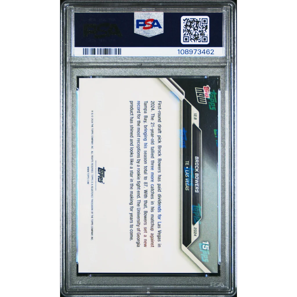 Graded 2024 Topps Now Brock Bowers #15 Blue /49 Rookie RC Football Card PSA 9 Mint | PSA 9 Mint Graded Rookie Card | vintageantiquesgifts.com
