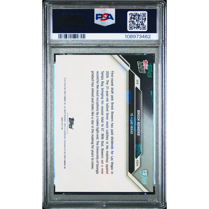PSA Graded 2024 Topps Now Brock Bowers Blue Football Card showing graded trading card